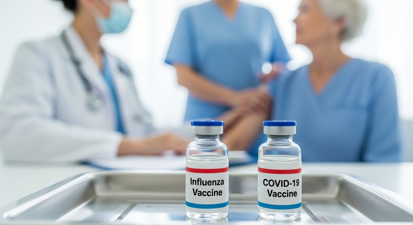 독감 백신과 코로나19 백신 두 개의 주사기 또는 약병이 나란히 놓여 있는 모습. 동시 접종의 가능성을 상징하는 의료 이미지.
