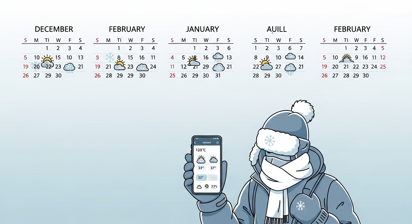 스마트폰으로 2025년 겨울 날씨 예보를 확인하며 두꺼운 외투를 입고 겨울을 준비하는 사람의 모습, 달력에는 겨울철 날씨 아이콘들이 표시되어 있음