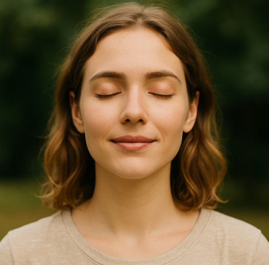 눈을 감고 편안한 표정을 짓는 여성의 이미지