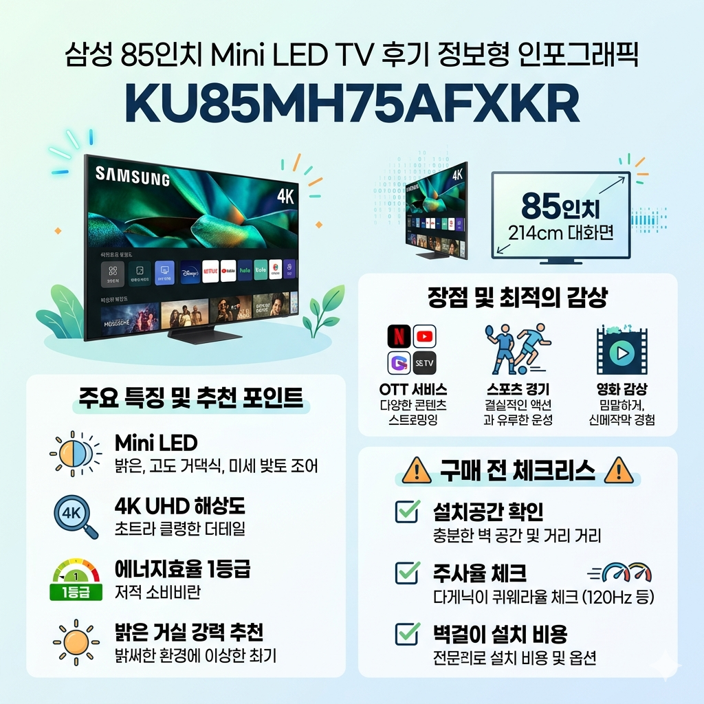 삼성 KU85MH75AFXKR TV 후기｜85인치 Mini LED 4K 구매 전 장단점 정리 인포그래픽