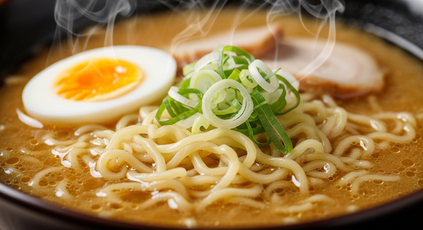 고소한 우지 국물과 쫄깃한 면발, 삶은 계란과 송송 썬 파가 얹어진 삼양 1963 라면의 먹음직스러운 클로즈업 사진.