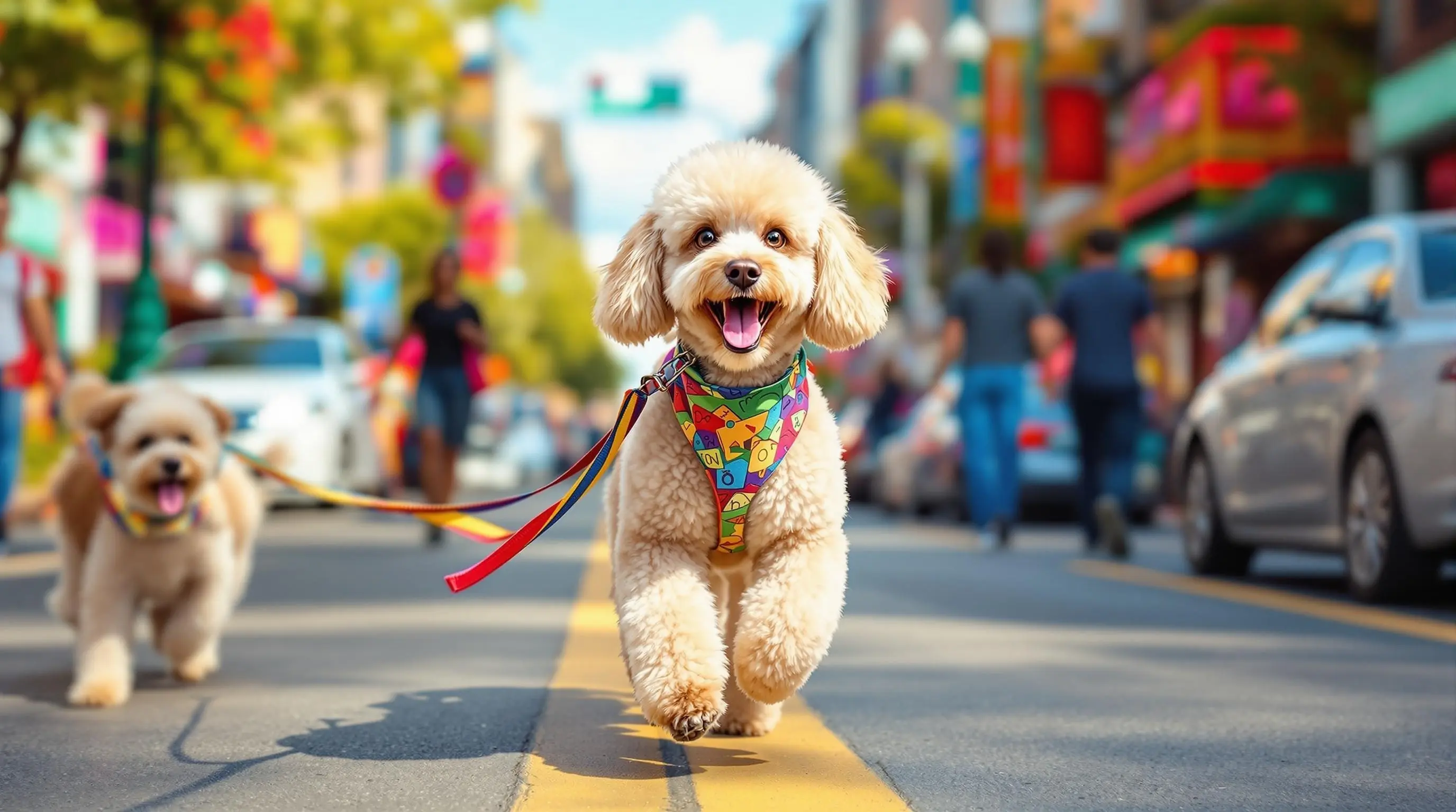밝은 도심 거리를 걷는 활기찬 푸들, 귀여운 하네스를 착용하고 신나게 산책 중