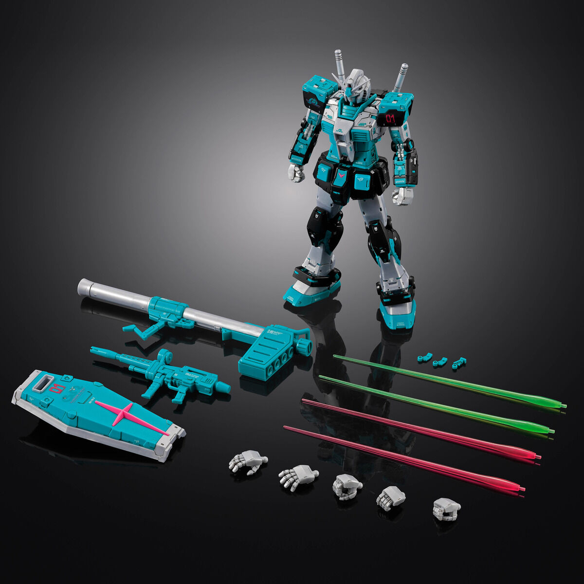 하츠네 미쿠 콜라보 RG RX-78-2 건담 Ver.2.0 본체와 무장 구성품 전체