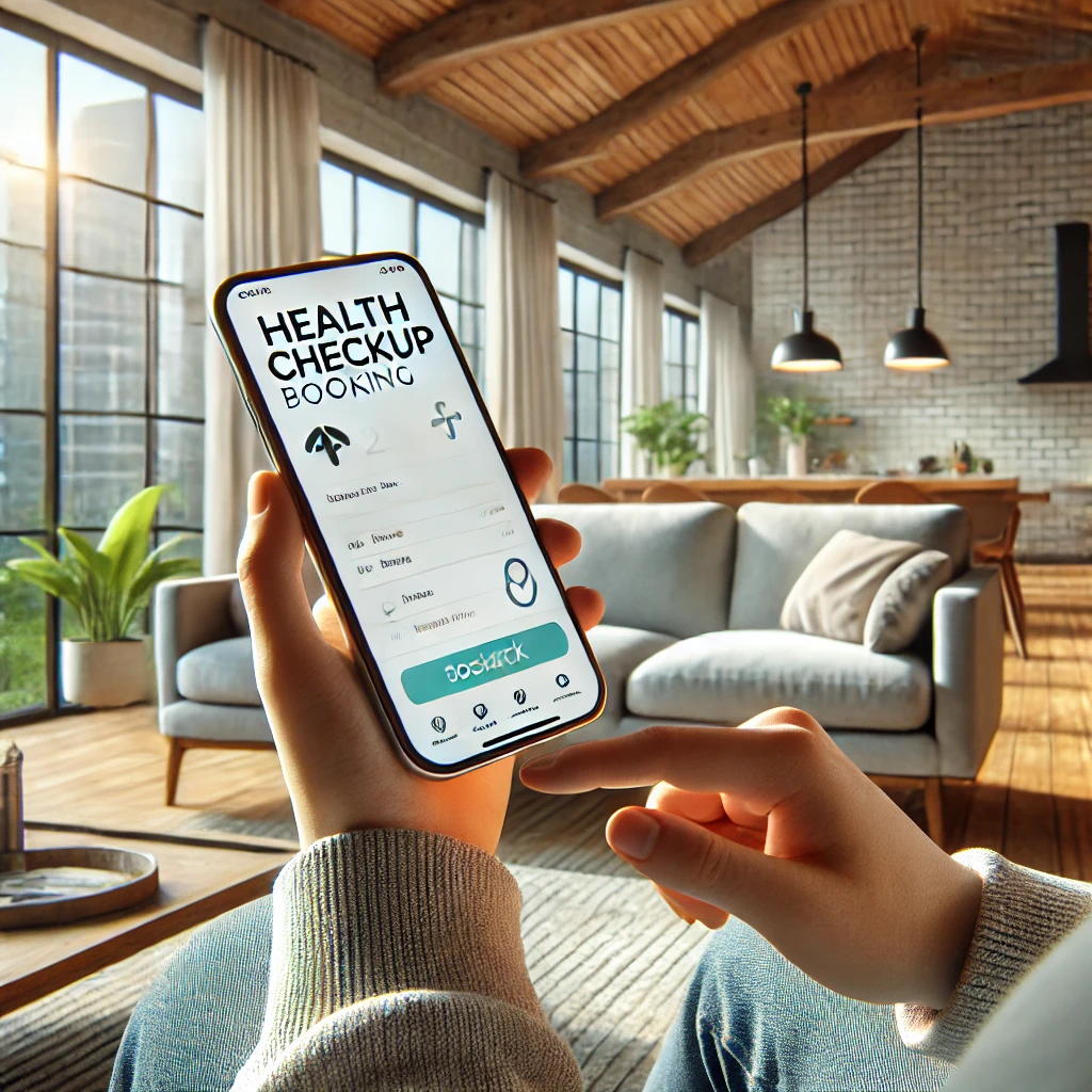 소파에 앉아 스마트폰으로 건강검진 예약을 하는 사람