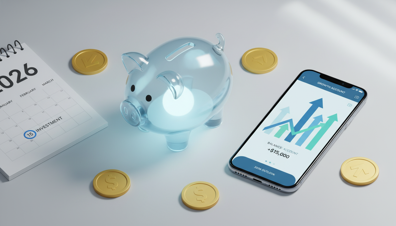 2026년 청년미래적금을 상징하는 스마트폰 뱅킹 앱과 캘린더, 돼지저금통 이미지