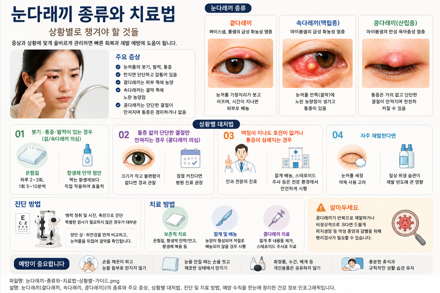 눈다래끼의 종류와 주요 증상, 상황별 대처법, 진단 및 치료 방법을 정리한 사진