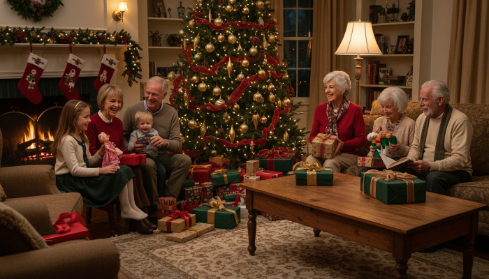 크리스마스 트리 아래 모여 행복하게 선물을 주고받으며 웃음꽃 피운 온 가족의 따뜻한 순간