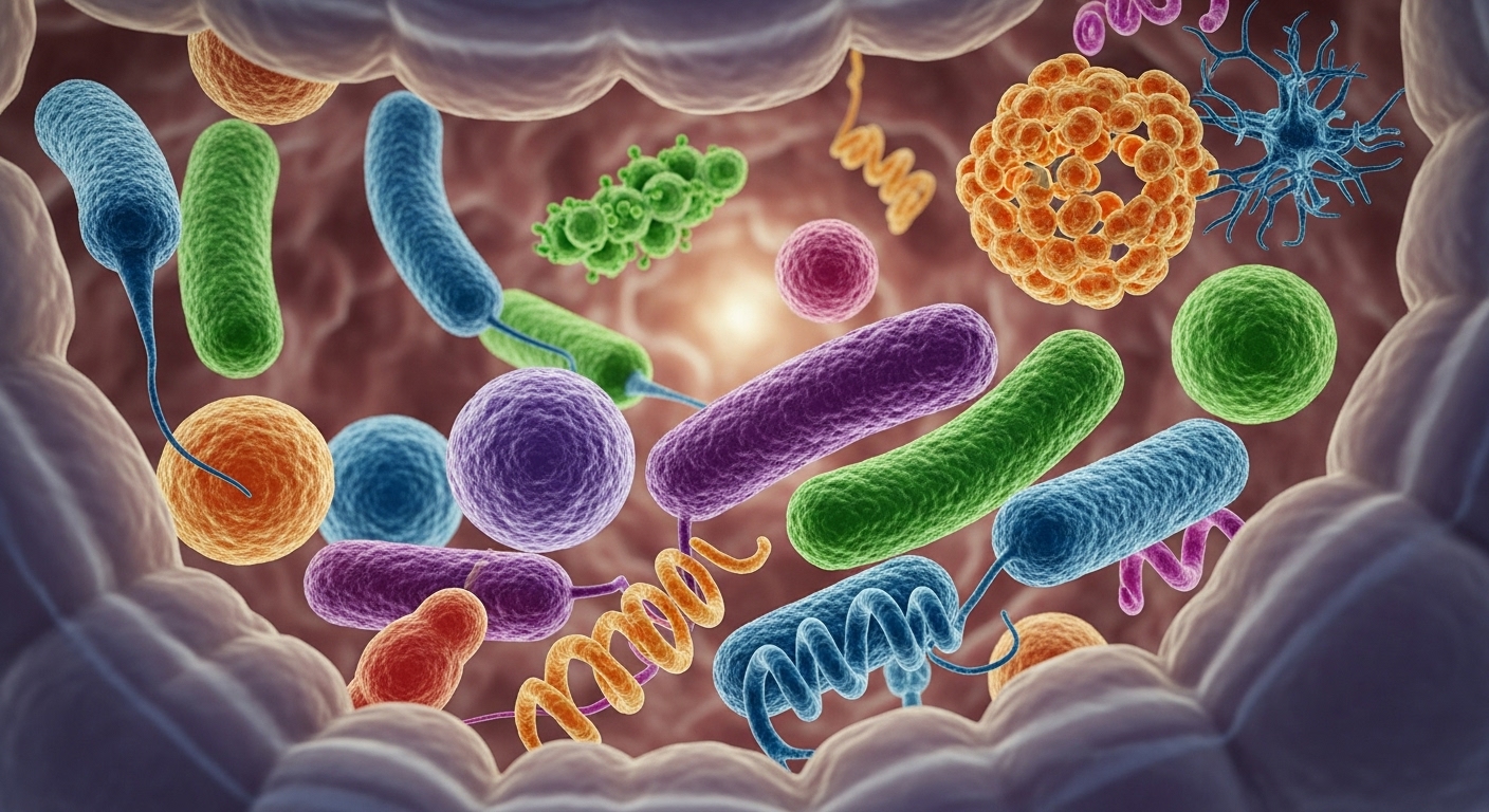 건강한 장 환경을 보여주는 유익균과 프리바이오틱스의 이미지. 장 건강이 면역력에 미치는 긍정적인 영향을 시각화합니다.