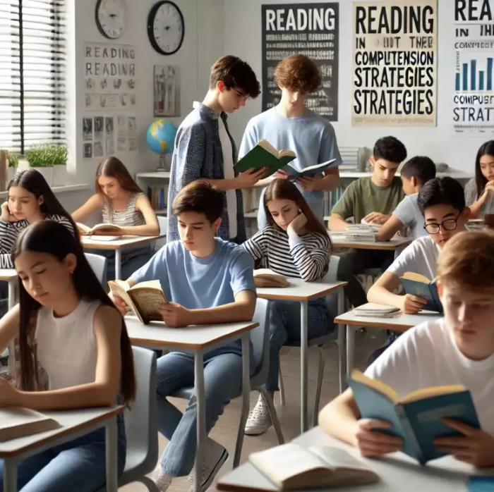 중학생들이 밝은 교실에서 독서 활동에 참여하는 모습. 일부 학생들은 혼자 책을 읽고 있으며, 다른 학생들은 짝을 이루어 책 내용을 토론하고 있다. 교사는 한 학생을 도우며 책을 함께 보고 있다. 벽에는 독서와 이해 전략에 관한 동기부여 포스터가 걸려 있다.