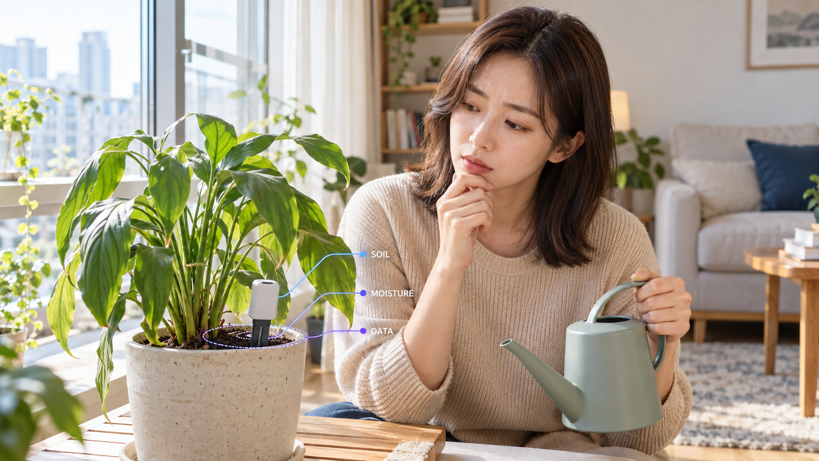 화분의 잎과 흙 상태를 살펴보며 물을 줄지 고민하는 사람, 토양 수분 센서가 꽂힌 실내 화분
