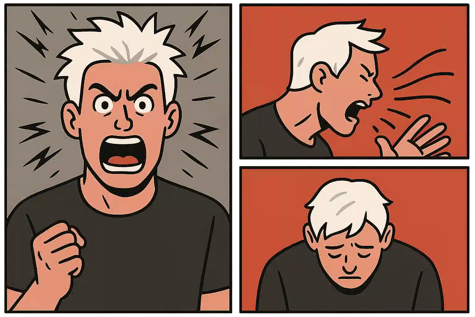 화를 내며 머리가 하얘진 사람, 상대 말이 잘 안 들려서 소리를 지르는 장면, 후회하며 고개 숙이는 모습