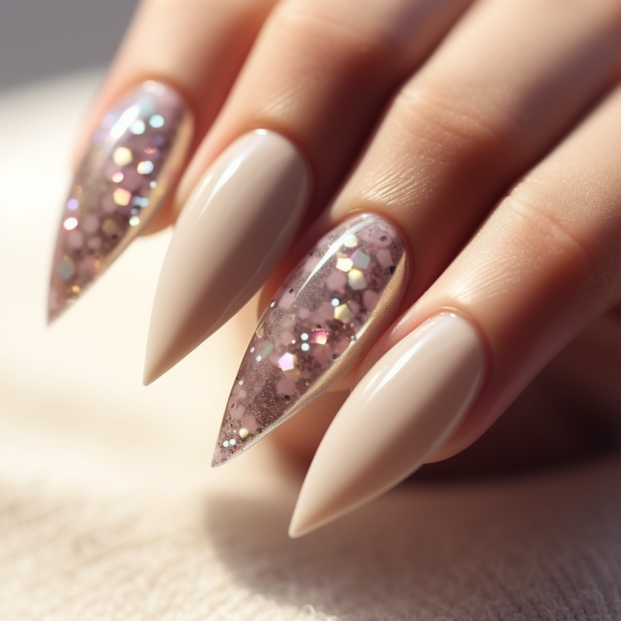 화려한 반짝이로 포인트를 준 베이지 스틸레토 쉐입 네일아트