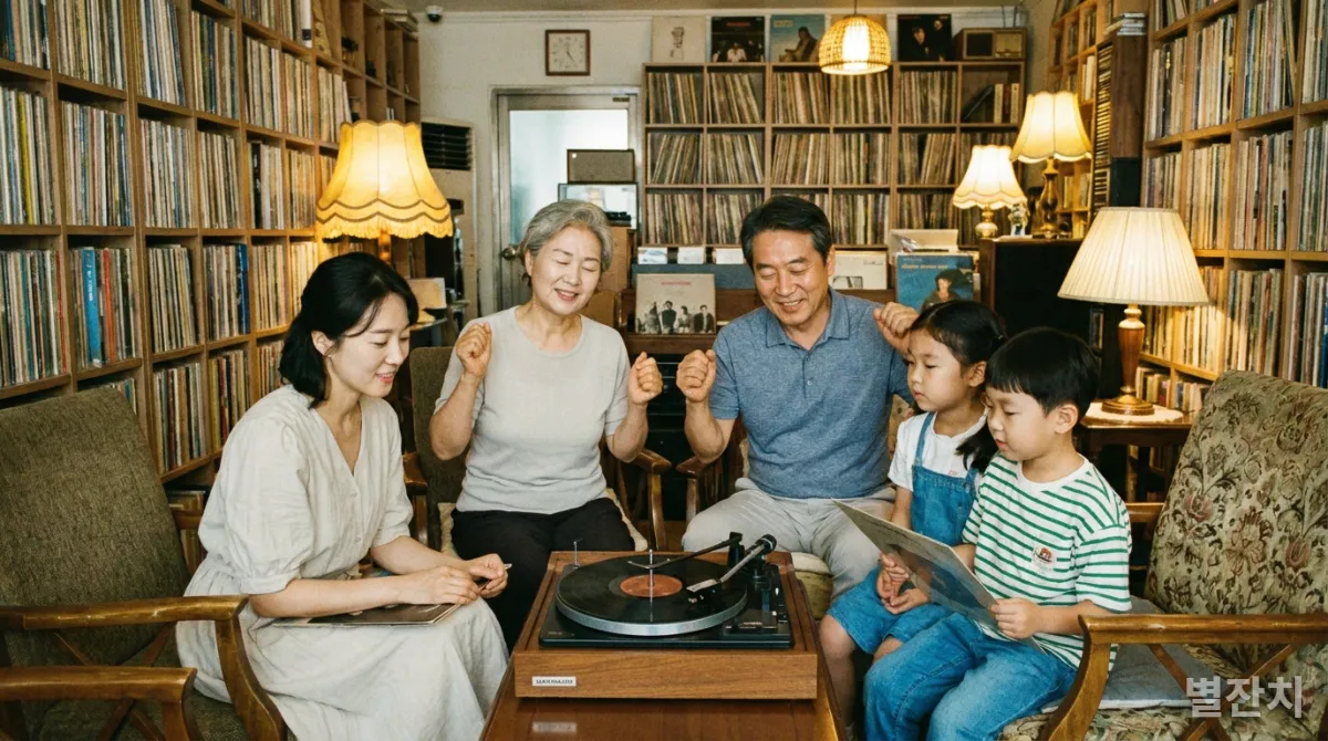 서울의 LP 카페에서 온 가족이 LP 음악을 감상하는 모습