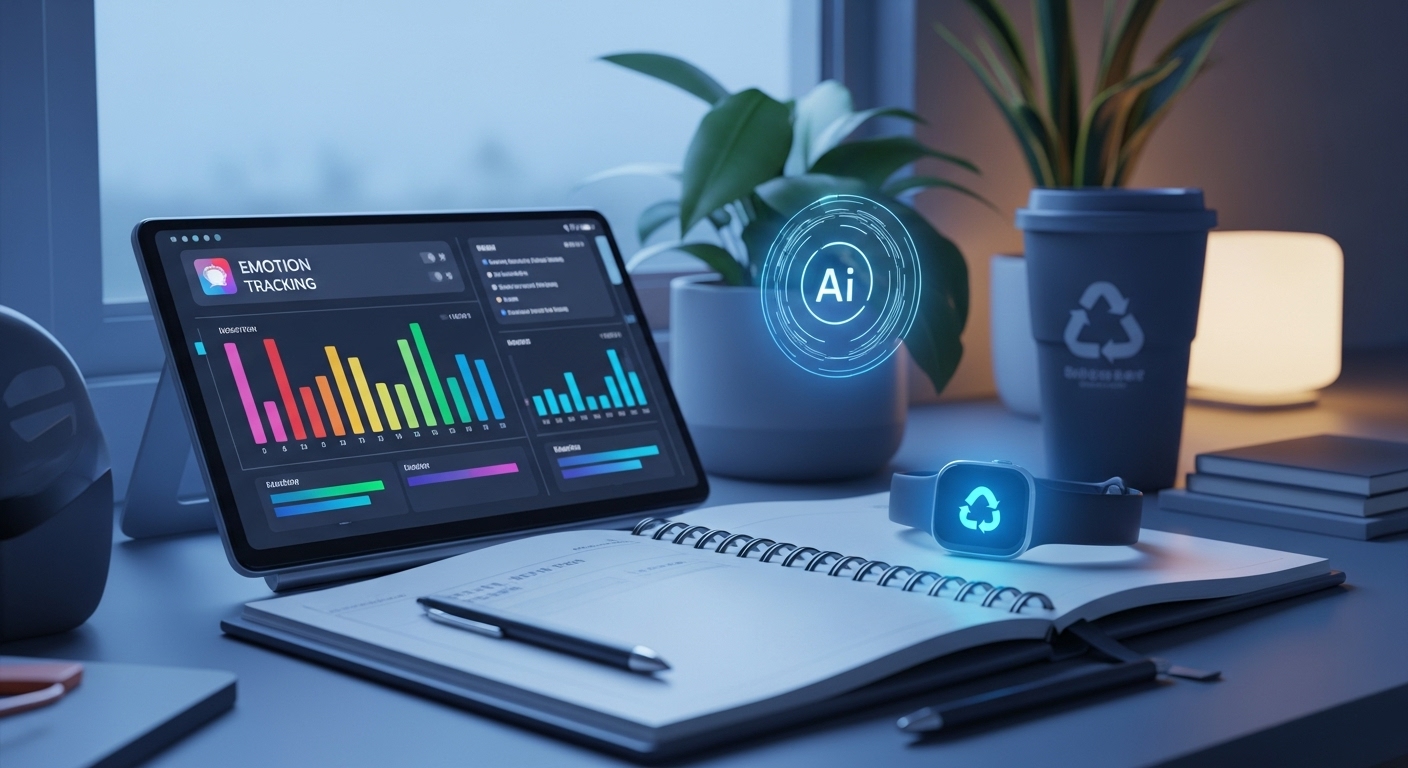 2026년 새해 준비 트렌드를 상징하는 이미지. 디지털 다이어리, AI 아이콘, 스마트 워치, 친환경 제품이 조화롭게 놓인 미래지향적인 책상.