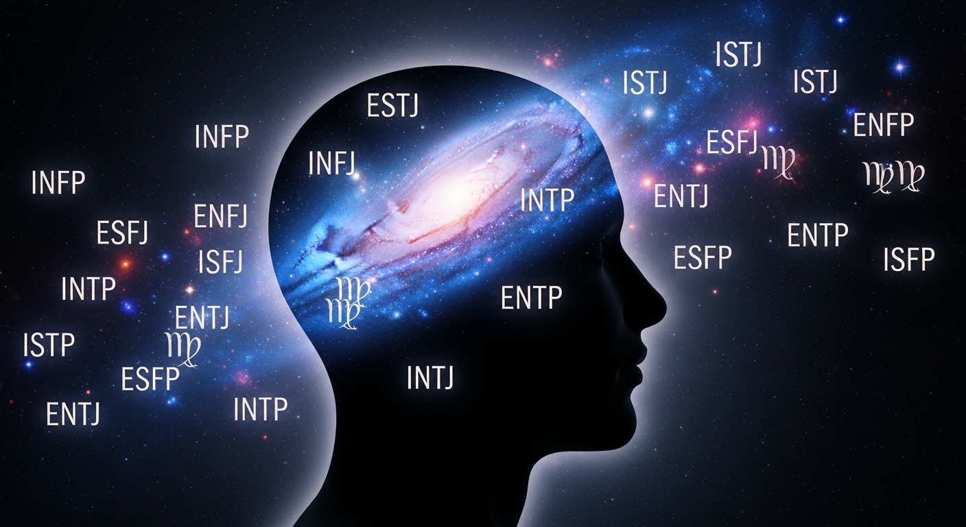 사람의 머릿속에 꿈처럼 펼쳐진 우주와 그 주위를 맴도는 16가지 MBTI 유형 아이콘 대표 이미지
