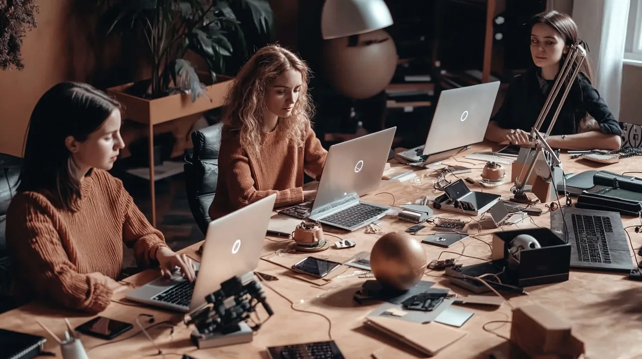 현대 기술 장비와 함께 AI 소프트웨어를 개발하는 다양한 엔지니어 팀, 창의적인 아이디어와 협력의 힘을 표현합니다.