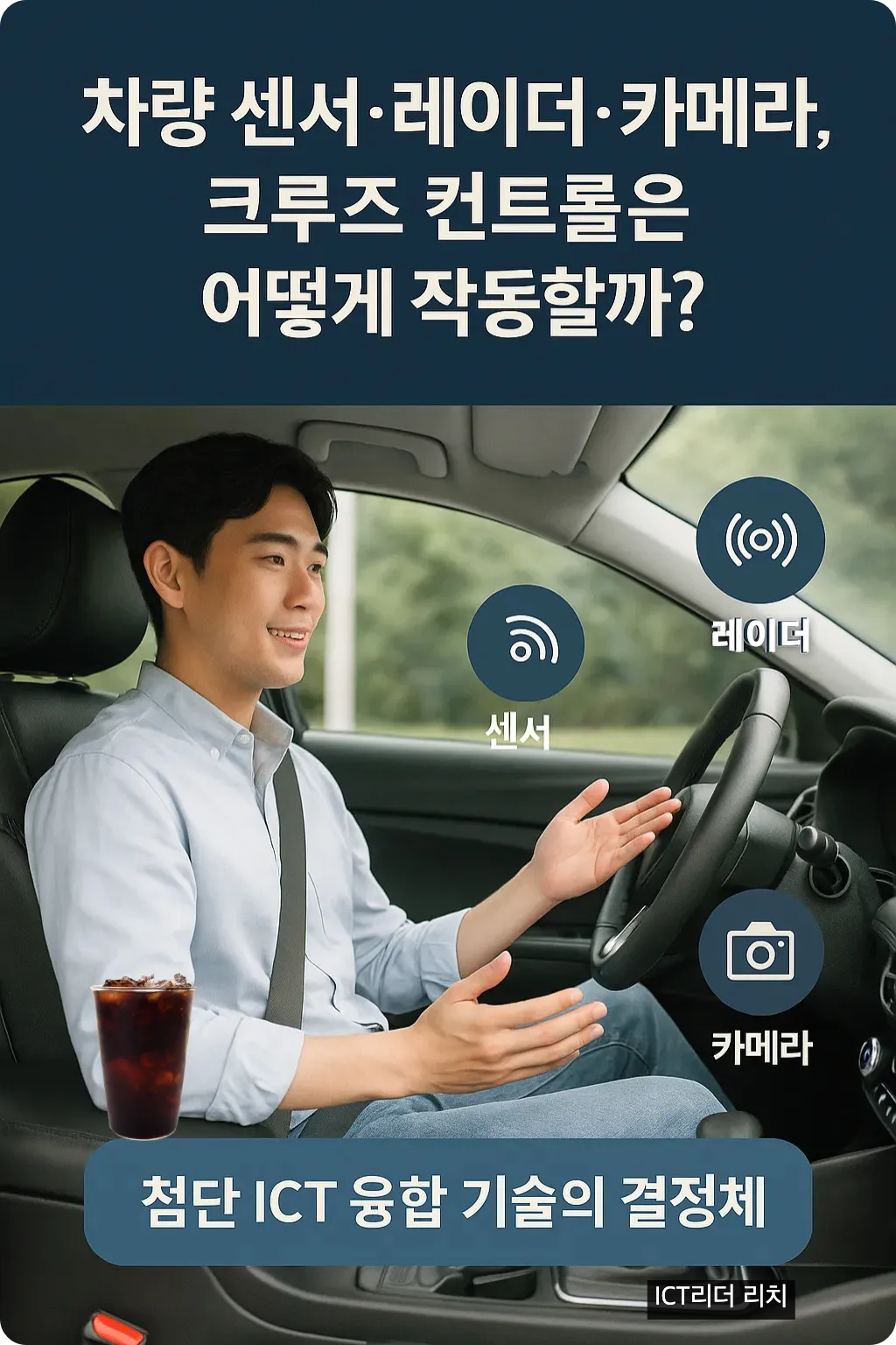 자율 주행 상태의 남성 운전자가 손을 떼고 여유롭게 주행하는 모습. 센서, 레이더, 카메라 아이콘과 함께 ICT 융합 기술 개념을 설명하는 고해상도 인포그래픽