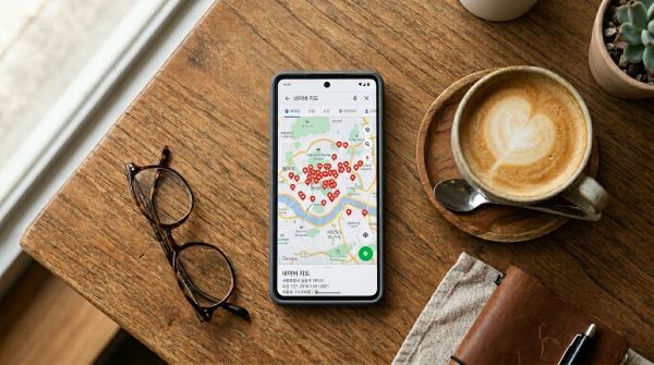 지도에 별표가 가득한 스마트폰과 커피잔