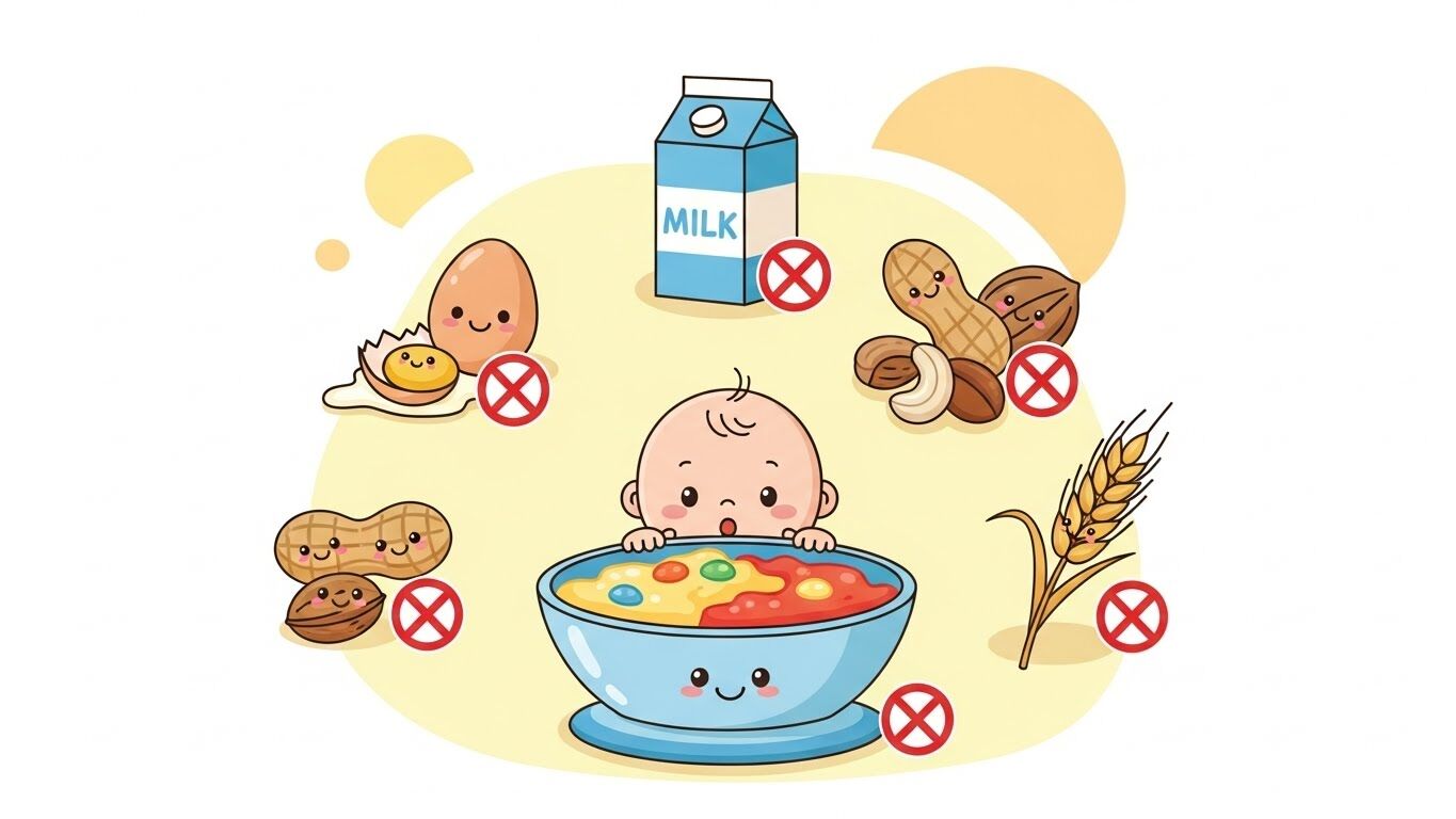 아기 이유식 알레르기 주의사항을 설명하는 따뜻한 느낌의 일러스트. 부드러운 톤의 배경 위에 계란, 우유, 견과류, 밀 등 알레르기 유발 식품 아이콘과 아기 얼굴, 알레르기 경고 표시, 이유식 그릇 등이 아기자기하게 배치된 간단한 교육용 이미지. 너무 복잡하지 않고 부모가 쉽게 이해할 수 있는 직관적인 스타일