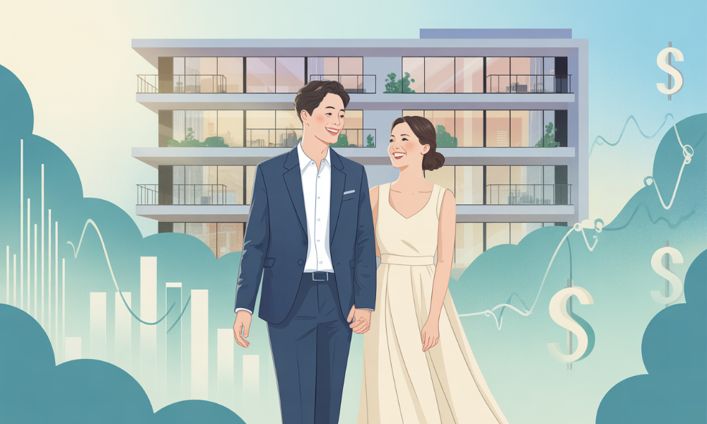 2025년 신혼부부 임차보증금 지원을 받아 행복하게 새로운 보금자리를 시작하는 젊은 부부의 모습.