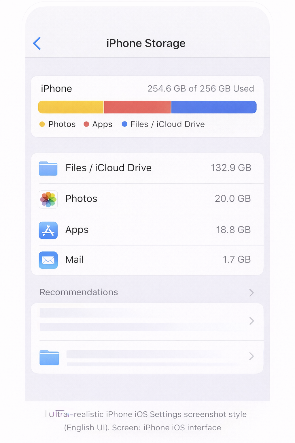 아이폰 설정의 iPhone 저장공간 화면에서 Photos와 Apps는 크지 않고 Files 또는 Files/iCloud Drive가 크게 차지하고 있는 상태 설명 이미지
