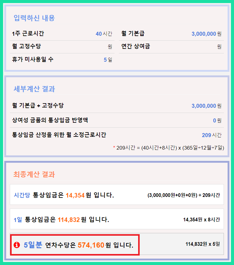 연차수당 계산기 결과