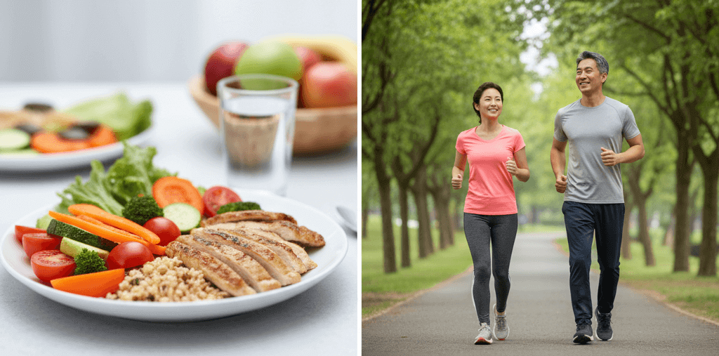 균형잡힌 식단, 운동, 산책, 공원, 유리컵, 과일, 채소
