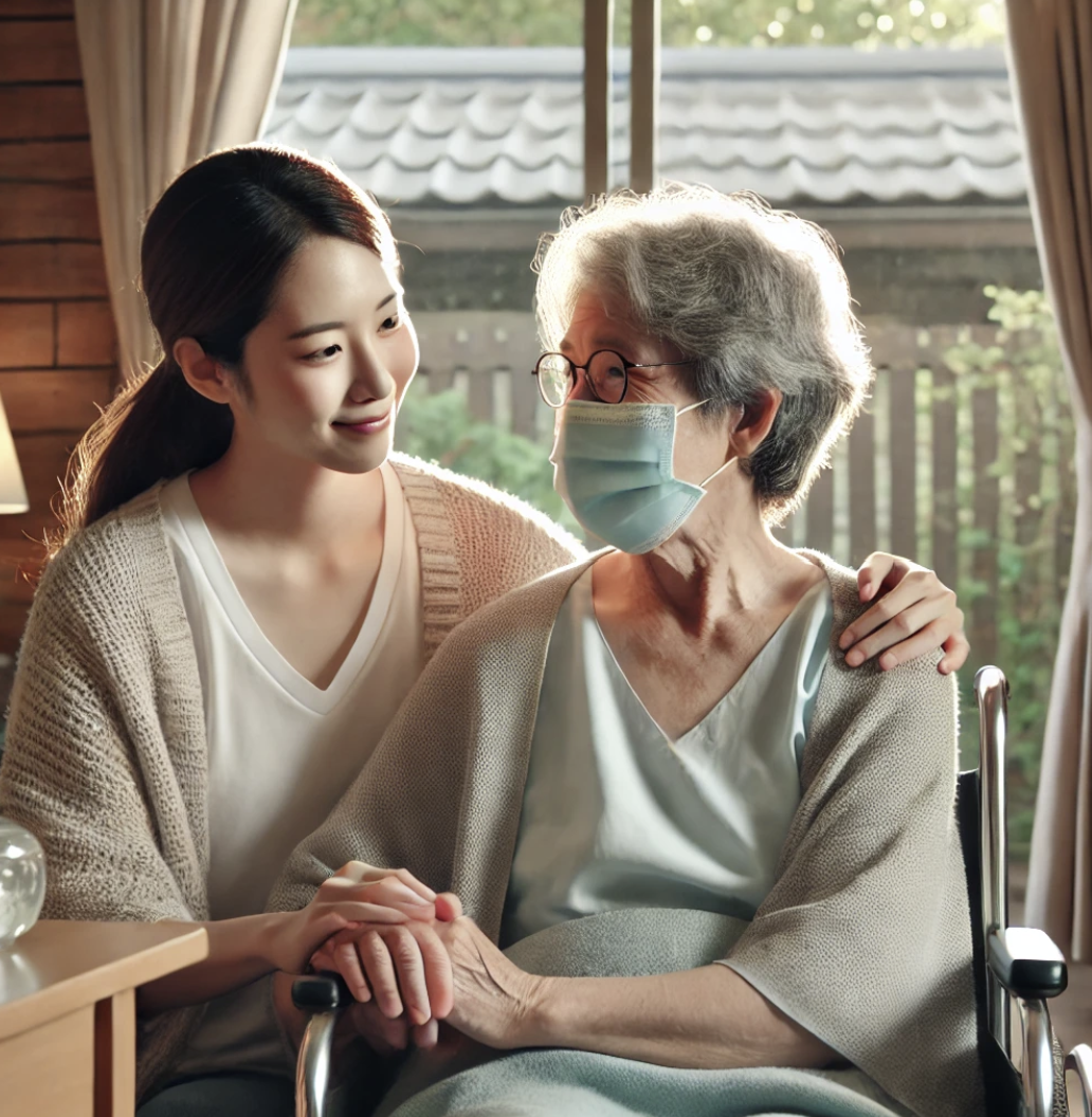 가족과 환자가 가정 내에서 평온한 순간을 함께 보내는 장면