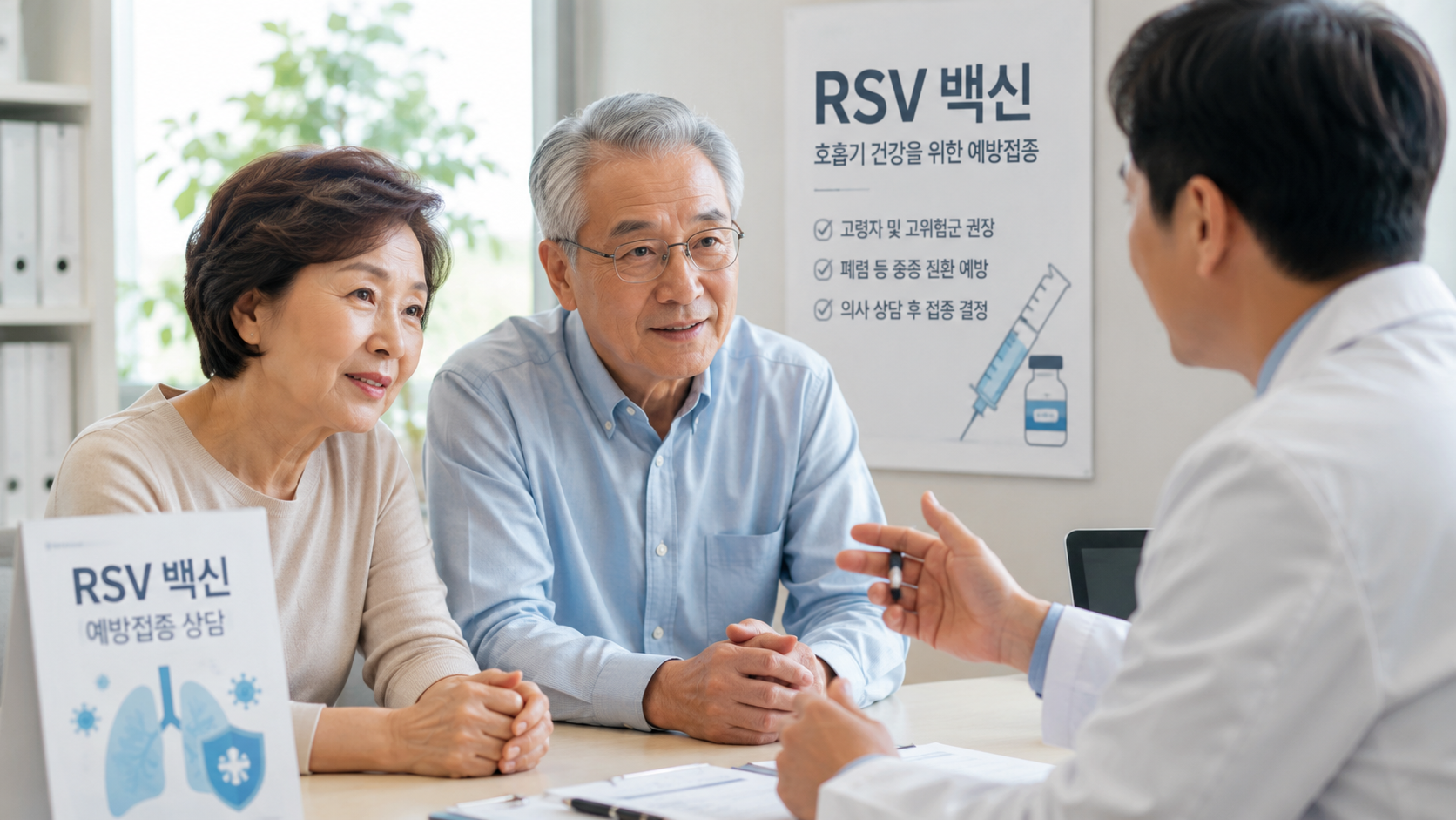 RSV 백신 접종을 앞두고 고령 부부가 병원에서 의사와 예방접종 상담을 받는 모습