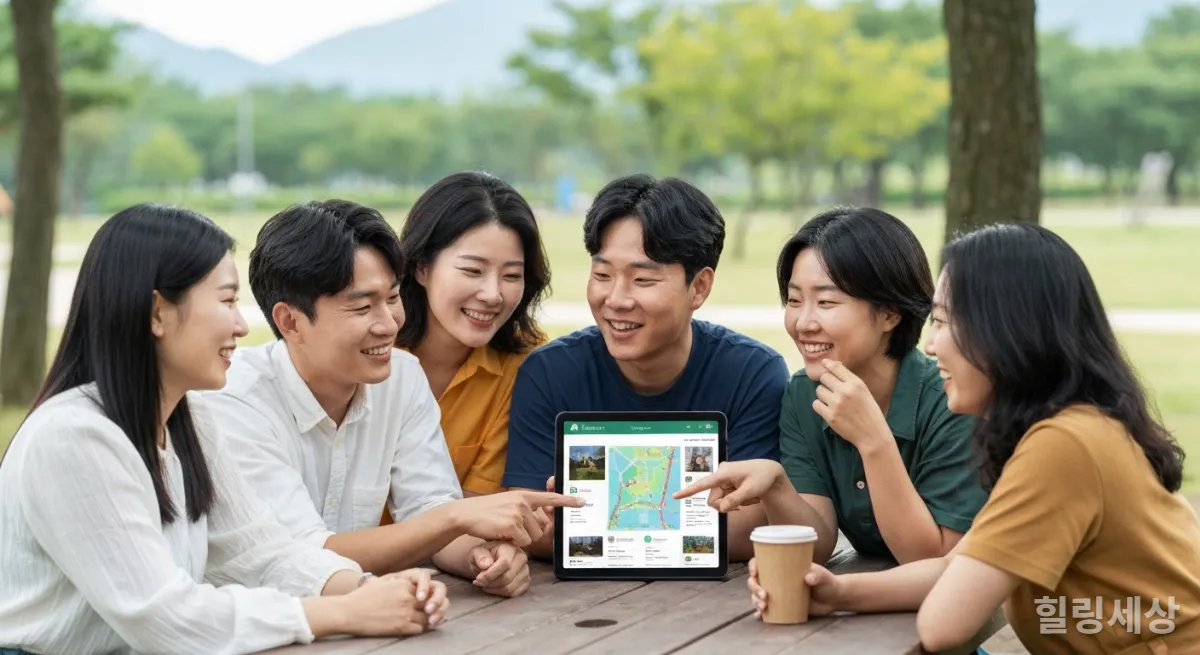 AI가 추천하는 캠핑 일정을 보며 즐거워하는 한국인 친구들