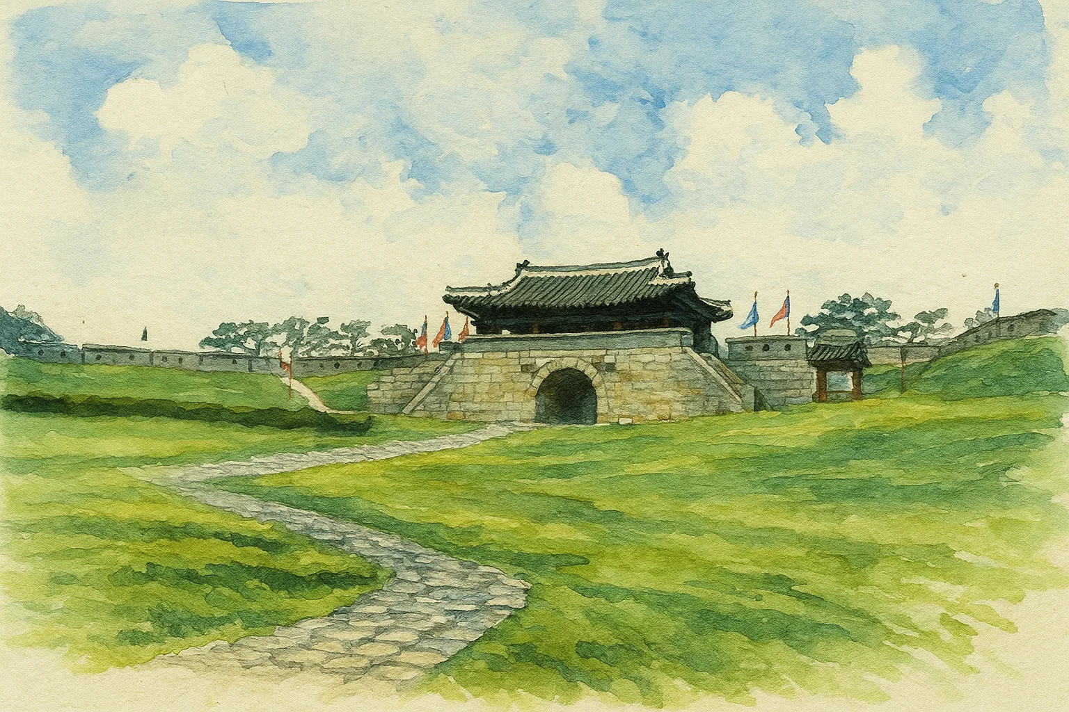 수원화성의 일부를 스케치화로 그려낸 이미지