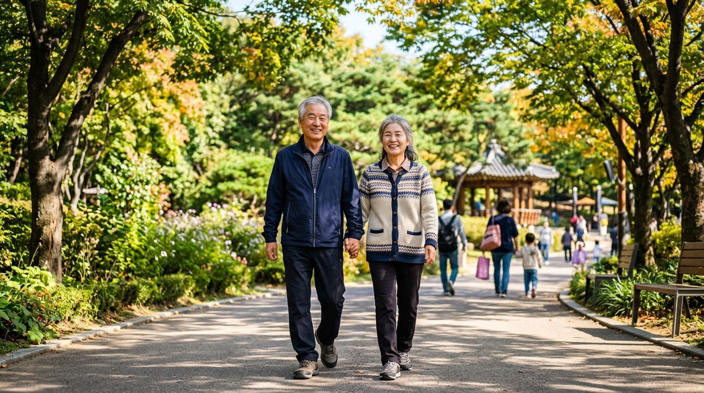 건강하게 산책하는 시니어 어르신 부부