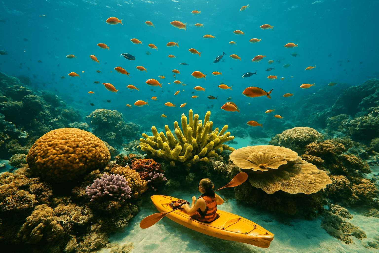 형형색색의 열대어들과 살아있는 산호초가 가득한 필리핀 바닷가 수중 세계. 스노클링을 즐기는 사람들의 모습이 보인다