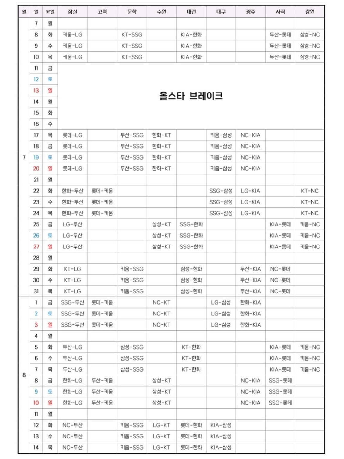 2025 KBO리그 일정