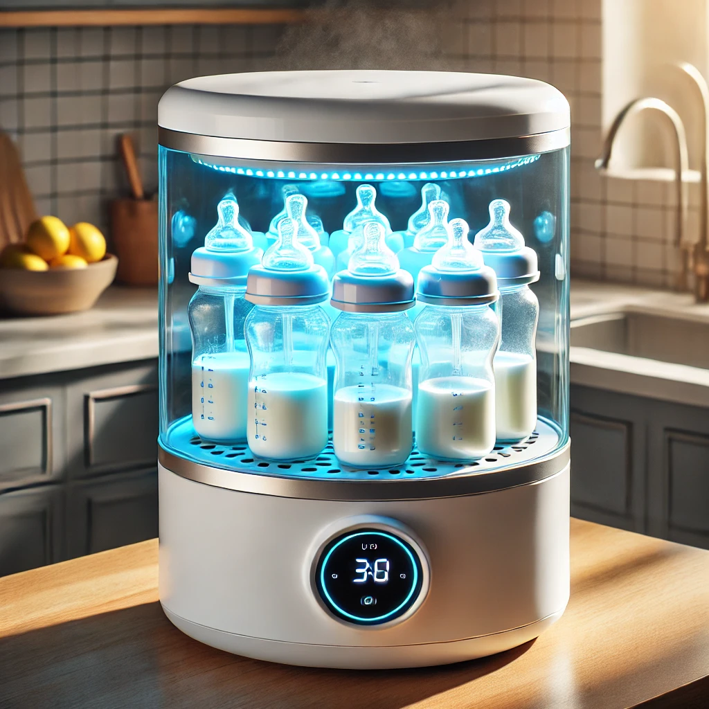 UV 젖병 소독기에서 살균 중인 젖병