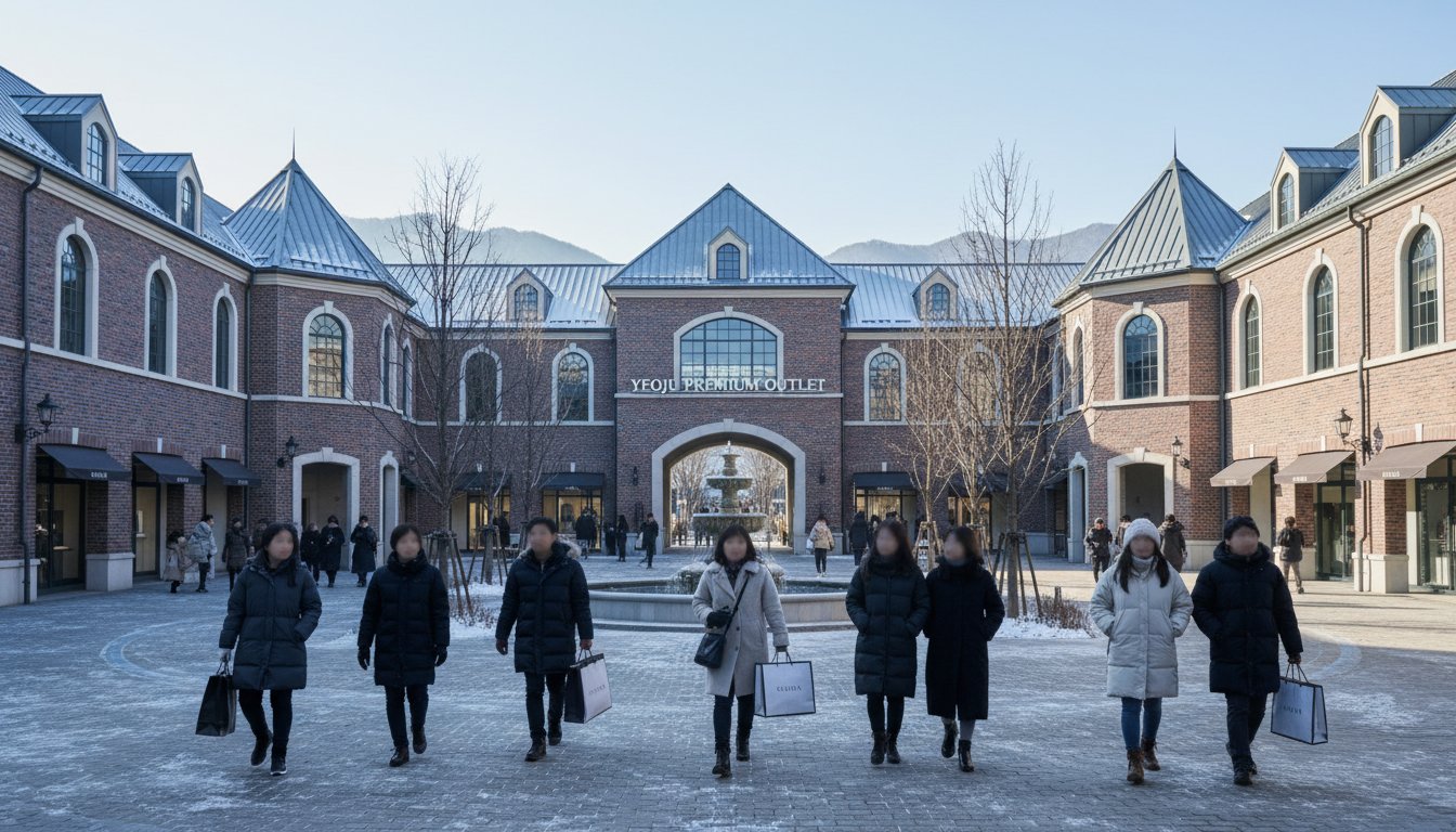 맑은 겨울 날씨의 여주 프리미엄 아울렛 입구 전경과 쇼핑백을 들고 걷는 사람들