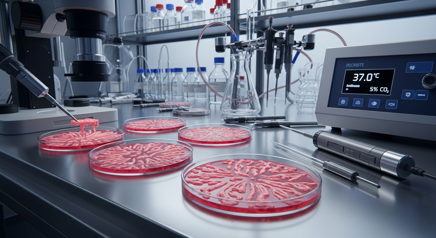 실험실에서 배양되고 있는 세포 배양육 샘플과 과학 장비의 모습.