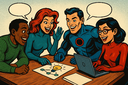 심리적 안전감이 높은 팀이 회의에서 자유롭게 의견을 교환하며 협업하는 긍정적인 모습