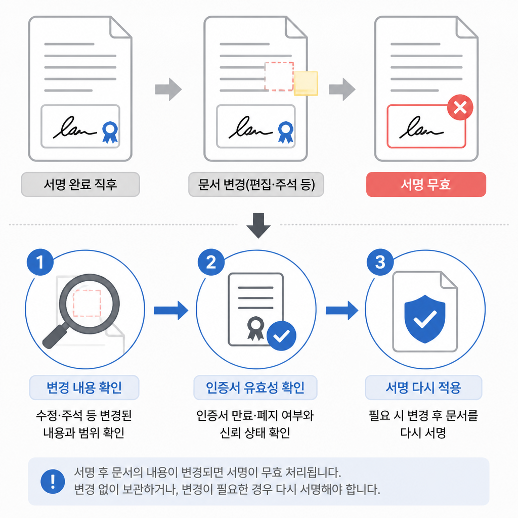 전자서명된 문서가 편집 후 무효로 표시되고, 변경 내용·인증서·재서명 순서로 확인하는 도식