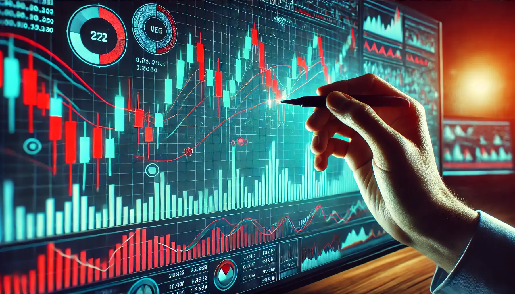 Stock trading chart with candlestick patterns used for short-term investment.