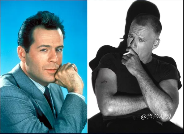 브루스 윌리스 흑백과 칼라 사진 두 장이 나란히 보이는 화면