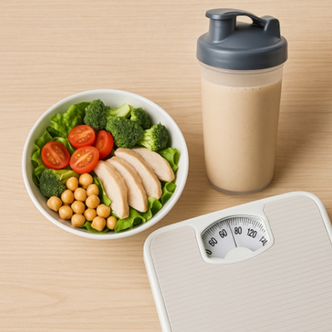 샐러드와 단백질 쉐이크 그리고 체중계가 놓인 식탁