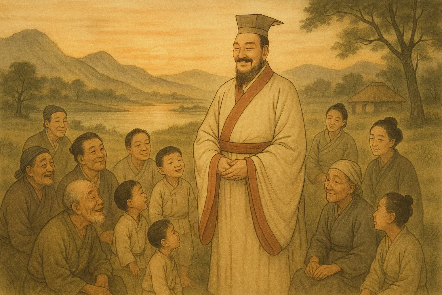 요임금이 백성들과 함께 있는 고대 중국의 평화로운 장면을 연상시키는 대표 이미지