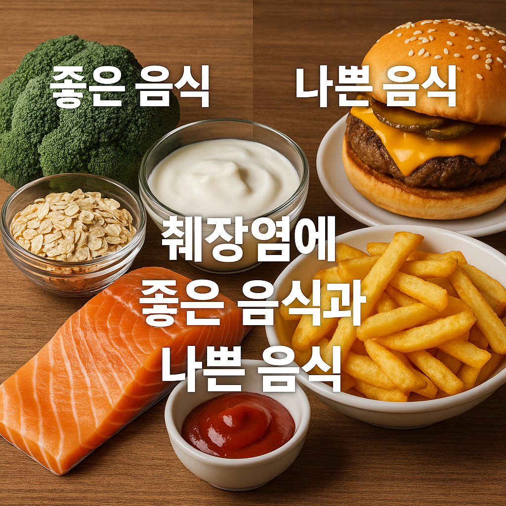 브로콜리, 연어, 오트밀 등 좋은 음식과 햄버거, 감자튀김 등 나쁜 음식이 나뉘어 있는 이미지, "췌장염에 좋은 음식과 나쁜 음식" 텍스트 포함