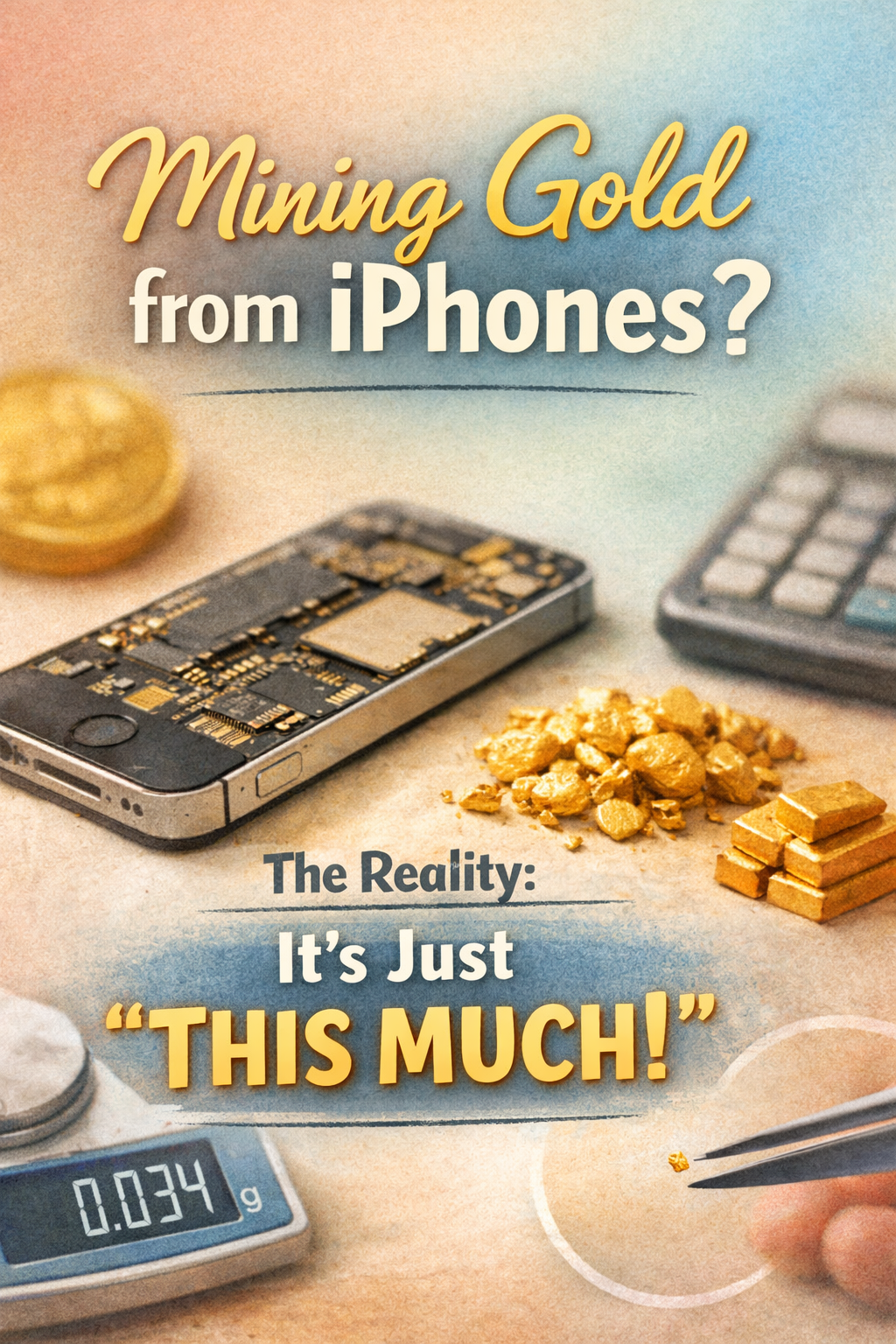 아이폰 4에서 금을 추출하는 개념을 표현한 이미지, 금 조각, 디지털 저울, 회로기판, "Mining Gold from iPhones?" 텍스트 포함