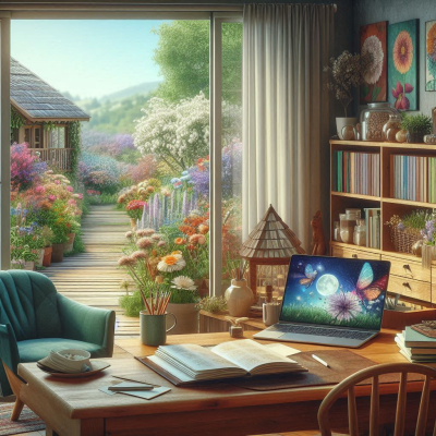 책상 위에서 꿈 해석 웹사이트와 다양한 책들이 놓인 공간