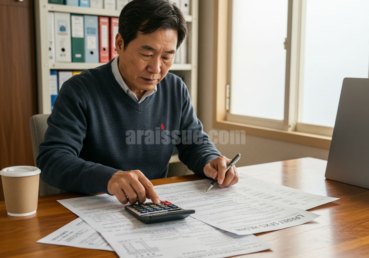 한국 중년 남성이 자택의 서재에서 임대소득을 기준으로 건강보험료를 계산하는 장면. 책상 위에는 임대차 계약서, 건강보험 문서, 계산기가 펼쳐져 있으며, 전세나 월세 수입자의 보험료 부담 현실을 반영한 장면.