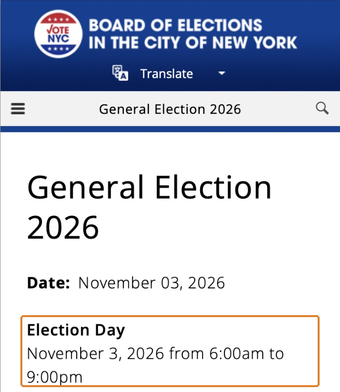 뉴욕시 선거관리위원회가 안내한 2026년 11월 3일 오전 6시부터 오후 9시까지의 현지 투표시간