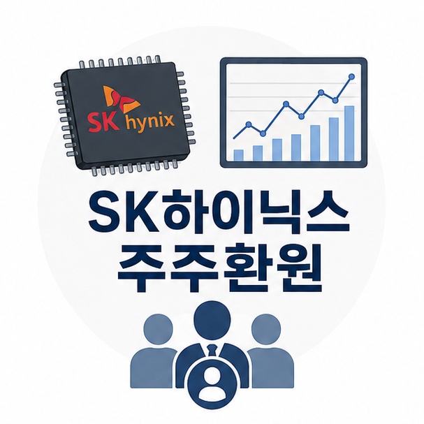 반도체 칩과 주식 그래프를 이용해 SK하이닉스의 주주환원 정책을 소개하는 그림