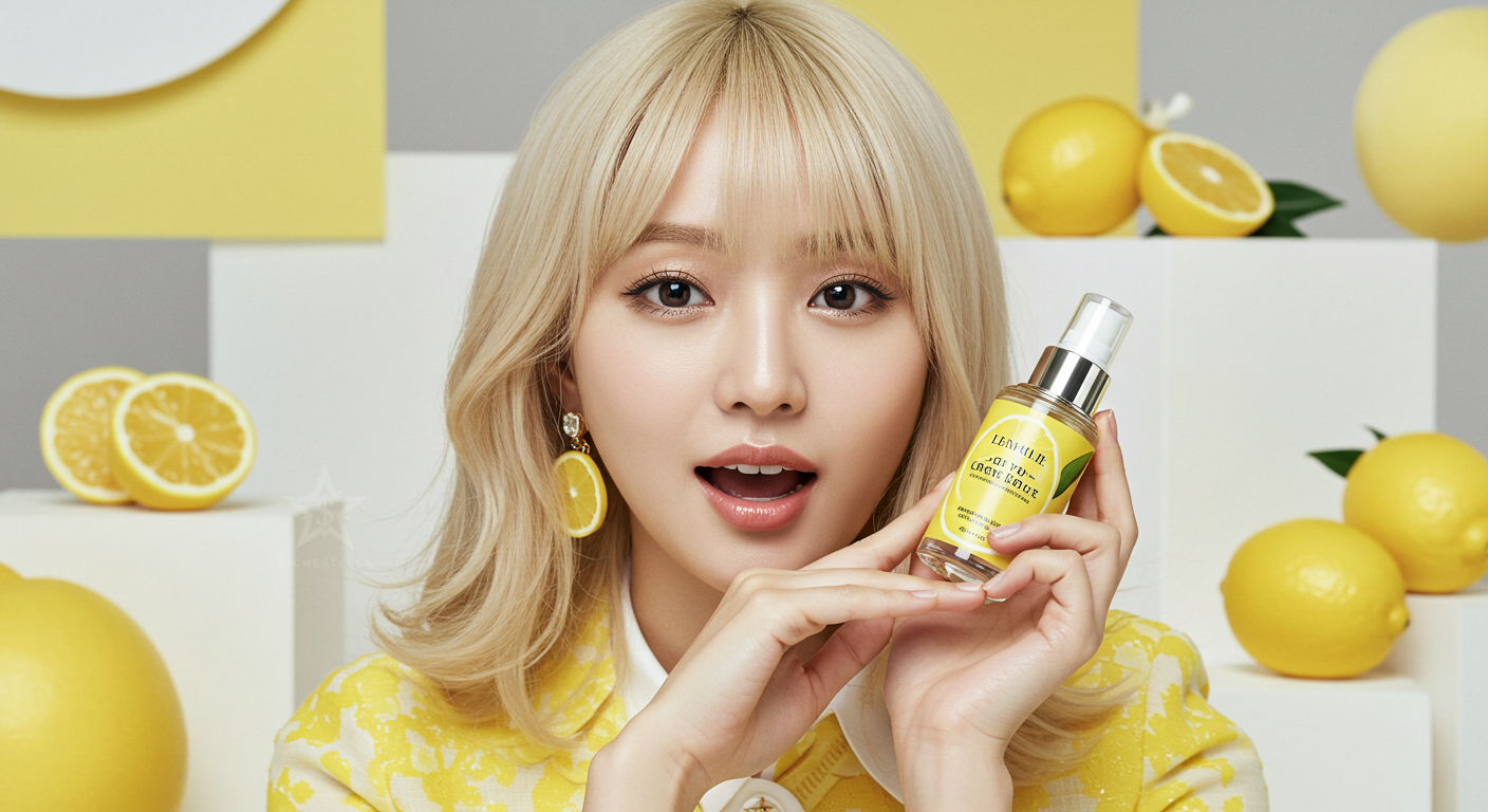 레몬 컨셉의 화장품 잡지, 모델이 포즈를 취하는 모습